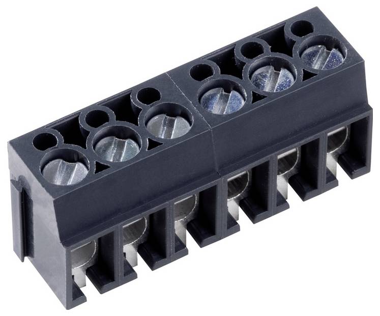 Ein schwarzer elektrischer Anschlussblock mit fünf Anschlusspunkten, entwickelt zum Sichern und Organisieren von elektrischen Kabeln.