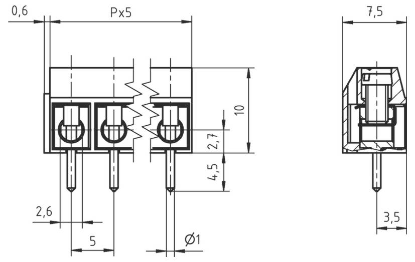 Technische Zeichnung eines 3-poligen Steckers, zeigt Front- und Seitenansichten mit Maßen in Millimetern.