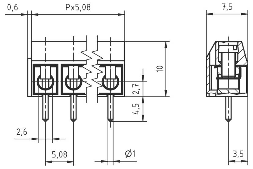 Technische Zeichnung eines Steckers mit Abmessungen: Breite 5,08 mm, Höhe 10 mm, Tiefe 7,5 mm, Pinabstand 5,08 mm, Loch-durchmesser 1 mm.
