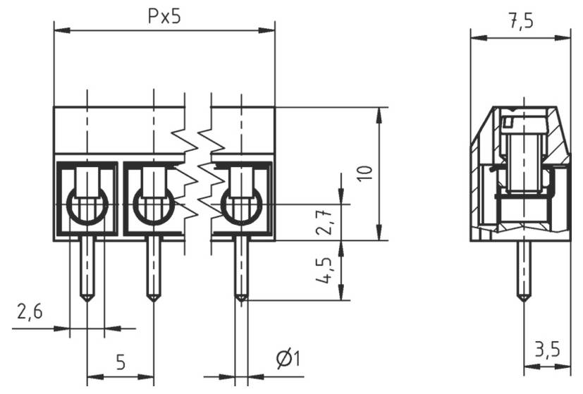 Diagramm eines 3-poligen Elektrosteckers mit detaillierten Maßen: Breite 10 mm, Anschlussabstand Px5 und Höhe 7,5 mm.