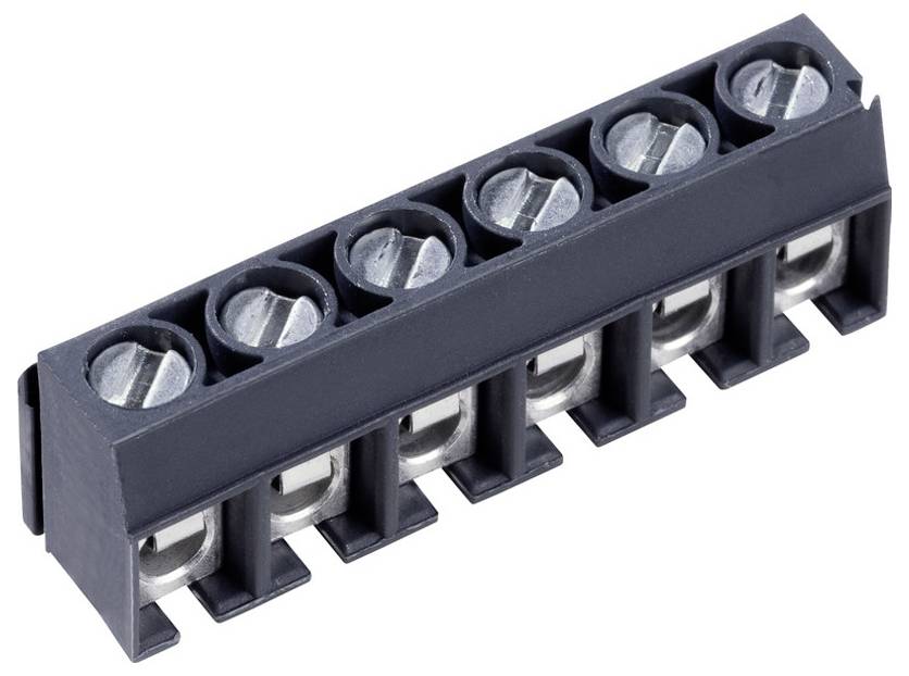 „Ein Klemmleistenblock mit sechs Schraubklemmen in einer Reihe, verwendet zum Verbinden von Drähten in elektronischen Schaltkreisen.