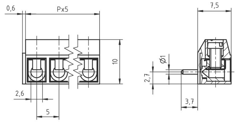 Technische Zeichnung eines dreipoligen elektrischen Steckers mit verschiedenen beschrifteten Abmessungen, einschließlich Höhe 10 mm, Breite 7,5 mm und Stiftdurchmesser ø1 mm.