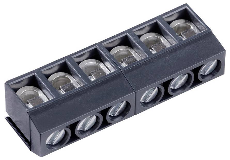 Ein schwarzer Klemmleistenverbinder mit fünf Schrautzschlitzen, verwendet zum sicheren Verbinden von Elektrokabeln.