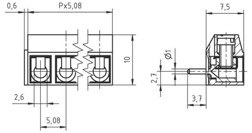Technisches Diagramm einer elektrischen Komponente mit Abmessungen: Breite 5,08 mm, Höhe 10 mm, Tiefe 7,5 mm und verschiedenen internen Messwerten.
