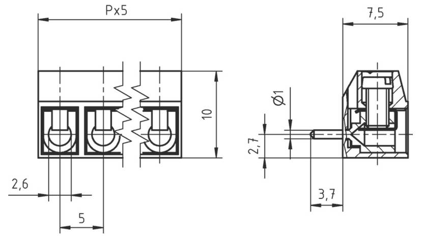 Technische Zeichnung eines 3-poligen Elektrosteckerblocks. Abmessungen: 5 mm Abstand, 10 mm Höhe, Breite von 7,5 mm. Vorder- und Seitenansichten dargestellt.