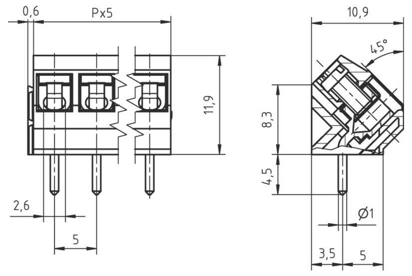 Technische Zeichnung eines Steckverbinders mit Vorder- und Seitenansicht mit Abmessungen, Winkeln und detaillierten Montageangaben.