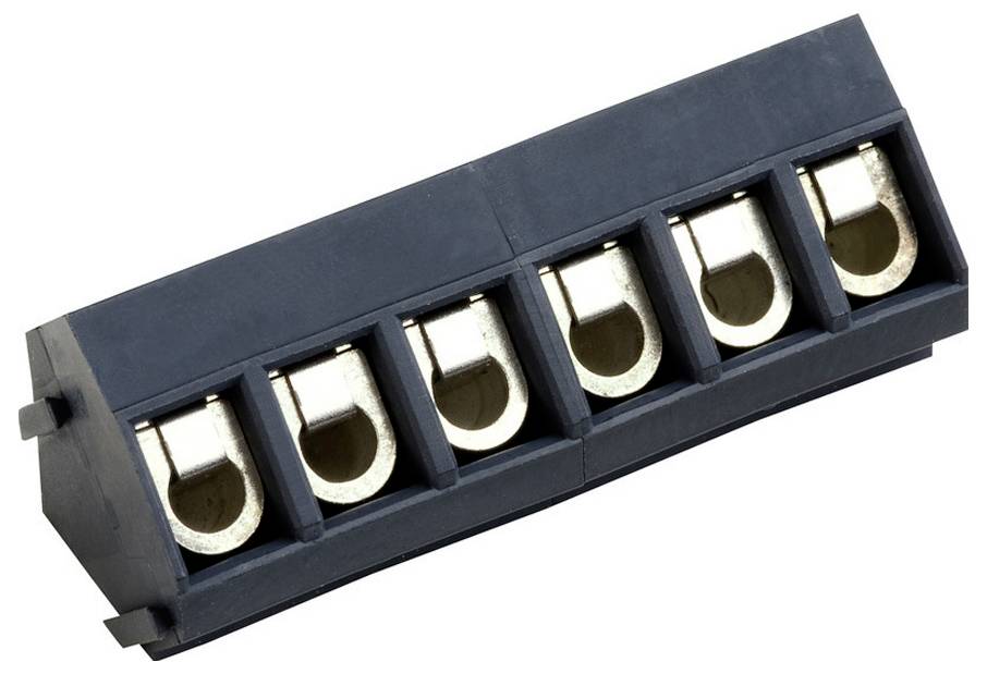 Ein schwarzer Kunststoff-Klemmenblock mit sechs Metallverbindern ist abgebildet, der zum sicheren Anschluss von elektrischen Leitungen in elektronischen Geräten verwendet wird.