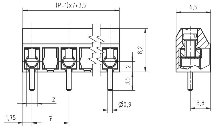 Technische Zeichnung eines elektrischen Steckers mit Maßangaben einschließlich Abmessungen von 6,5 mm, 8,2 mm und 9,9 mm für Komponenten.