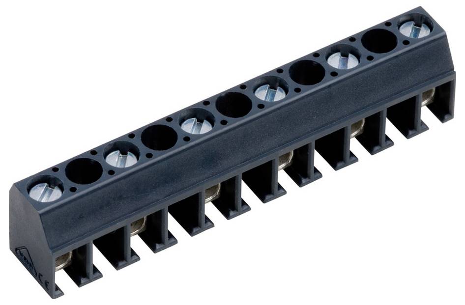 Elektrischer Klemmblock mit acht Schraubklemmen zum Verbinden von Drähten, verwendet in Schaltungsanwendungen, auf weißem Hintergrund gezeigt.