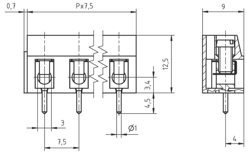 Technische Zeichnung eines dreipoligen Elektrosteckers. Zeigt Vorder- und Seitenansicht mit Abmessungen: 12,5 Höhe, 9 Breite, 7,5 Abstand.