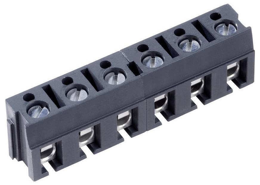 Ein 5-teiliger Schraubklemmenblock, dunkelgrau, mit sichtbaren Schritzschlitzen für sichere elektrische Verbindungen.