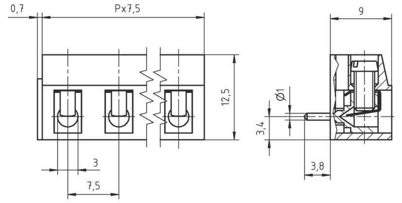 Technische Zeichnung eines 3-Positions-Klemmblocks mit Abmessungen: Basis-Breite 7,5 mm pro Position, Höhe 12,5 mm und weitere festgelegte Maße.