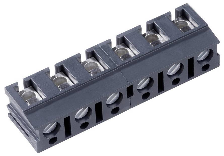 Ein sechspoliger Schraubklemmenblock zum Verbinden von elektrischen Drähten, dargestellt in einem Metall- und Kunststoffdesign mit Drahteinführungspunkten.