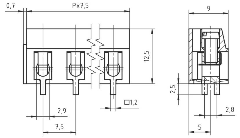 Technische Zeichnung einer 3-Anschluss-Elektrokomponente; detaillierte Maße umfassen 12,5 mm Höhe, 9 mm Breite und 7,5 mm Abstand.