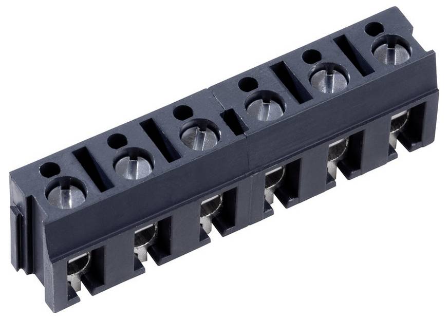 Ein schwarzer 6-poliger Steckklemmen-Stecker mit Schraubklemmen zum Befestigen von Drähten, in der Elektronik für elektrische Verbindungen verwendet.