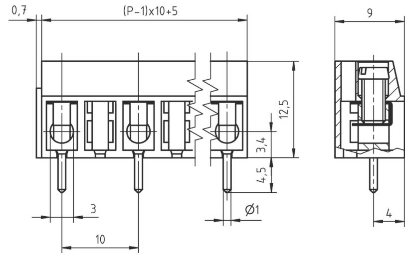 Technische Zeichnung eines elektrischen Steckers mit Abmessungen. Die Vorderansicht zeigt den Abstand und das Stiftlayout, die Seitenansicht zeigt die Höhe und Dicke im Detail.