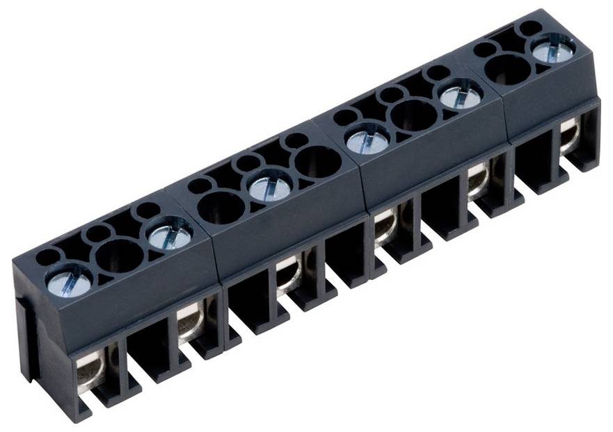 Ein schwarzer Klemmblock mit sechs Anschluss-/Verbindungspunkten, mit blauen Schrauben oben zur Befestigung von Drähten.