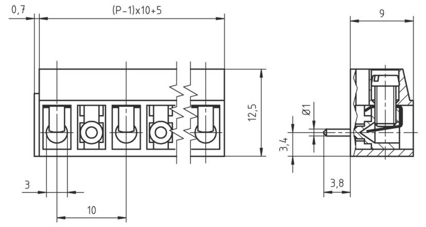 Technische Zeichnung eines 4-poligen Steckers mit Abmessungen: Höhe 12,5mm, Pinabstand 5mm und Breite 9mm. Enthält Front- und Seitenansichten.