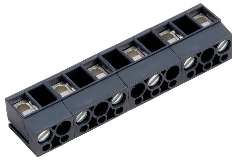 Ein schwarzer Klemmblock mit mehreren Anschlüssen, der typischerweise für elektrische Verkabelung und Schaltkreisverbindungen verwendet wird.