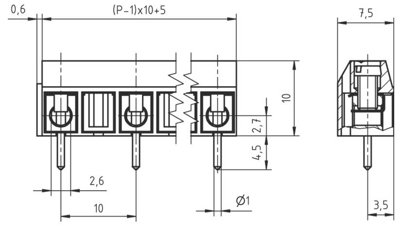 Technische Zeichnung einer elektrischen Komponente mit Abmessungen in Millimetern, dargestellt in Vorder- und Seitenansicht.