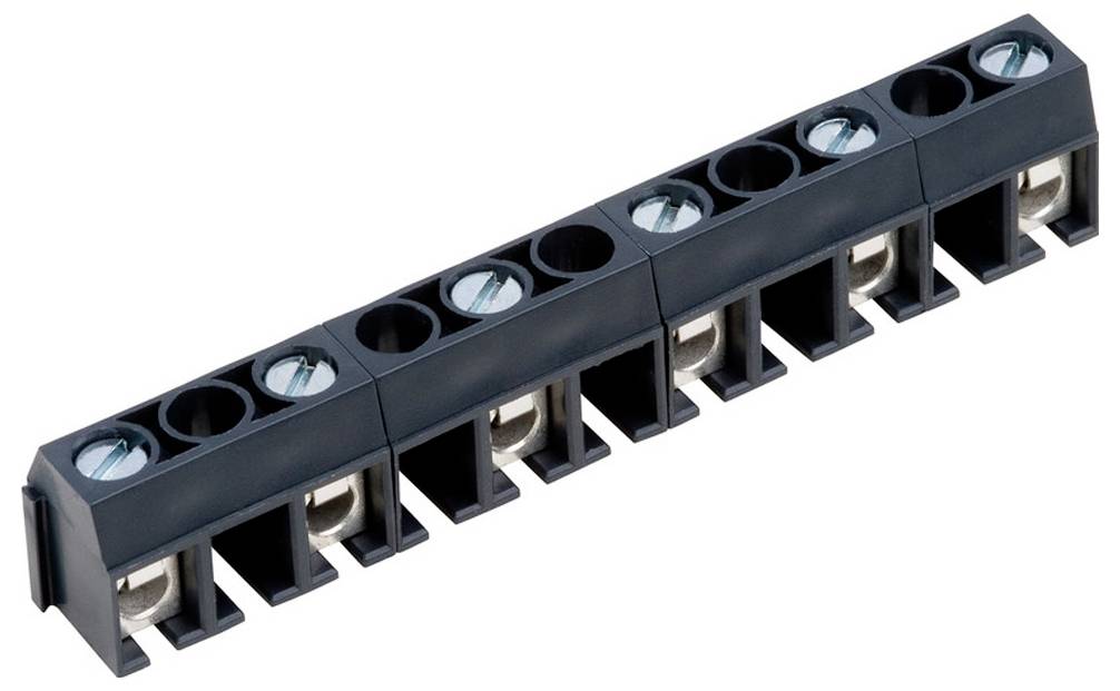 Ein schwarzer Kunststoff-Klemmleistenblock mit mehreren Schraubklemmen für elektrische Verbindungen.