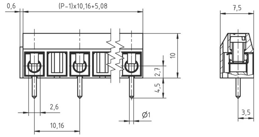 Technische Zeichnung eines vierpoligen elektrischen Steckers. Die Abmessungen umfassen 10,16 mm Breite zwischen den Stiften, 7,5 mm Höhe und 3,5 mm Tiefe.