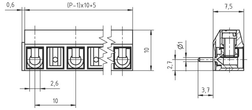 Technische Zeichnung eines elektrischen Steckers. Vorder- und Seitenansichten mit Abmessungen: Breite 10, Höhe 10, Stiftabstand 2,6 und Terminaldetails.