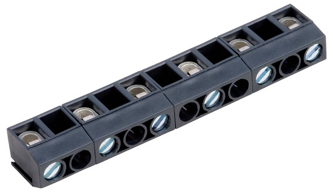 Ein schwarzer elektrischer Klemmblock mit mehreren Anschlussleisten, der zum sicheren Verbinden von Drähten in einem elektrischen Stromkreis verwendet wird.