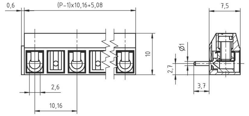 Technische Zeichnung einer elektrischen Komponente mit Abmessungen: Breite 10, 16, Höhe 10 und verschiedene detaillierte Maße.