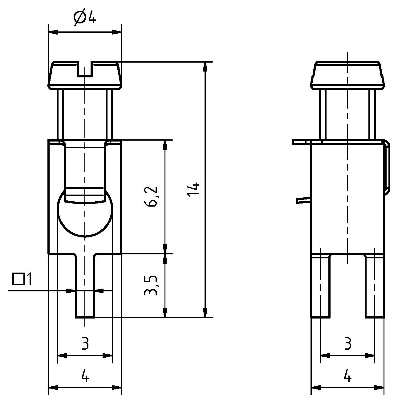 Technische Zeichnung von zwei Ansichten eines Steckers. Linke Ansicht zeigt Abmessungen: Durchmesser 4, Gesamthöhe 14, weitere Schlüsselhöhen 6,2 und 3,5. Rechte Ansicht wiederholt die Höhe und zeigt Breitenabmessungen.