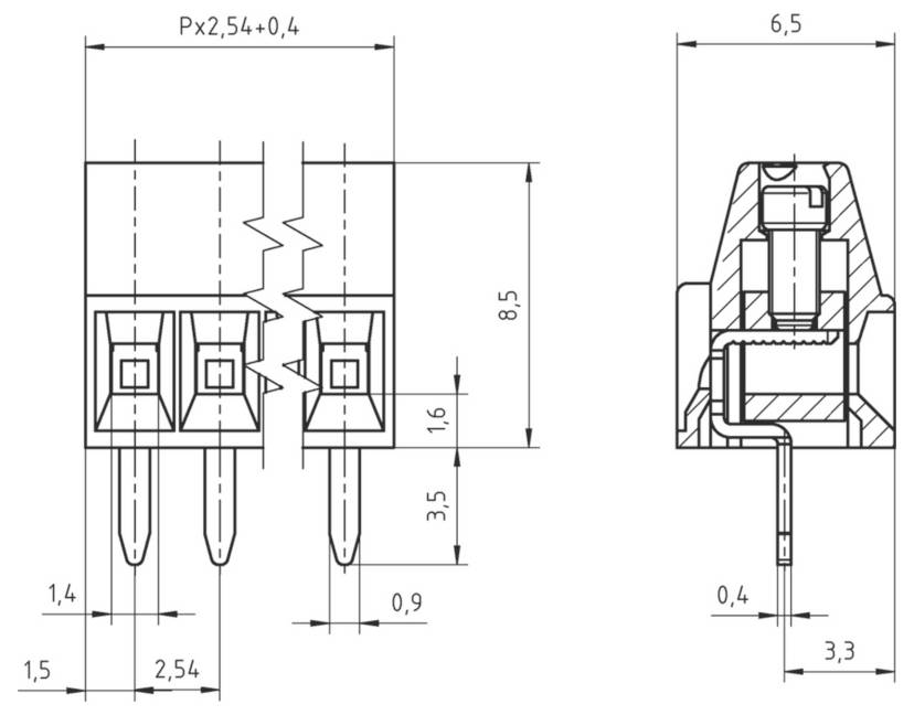 Technische Zeichnung eines zweipoligen Elektrosteckers, Vorder- und Seitenansicht, mit Abmessungen für Breite (6,5 mm), Höhe (8,5 mm) und Pinabstand (2,54 mm).