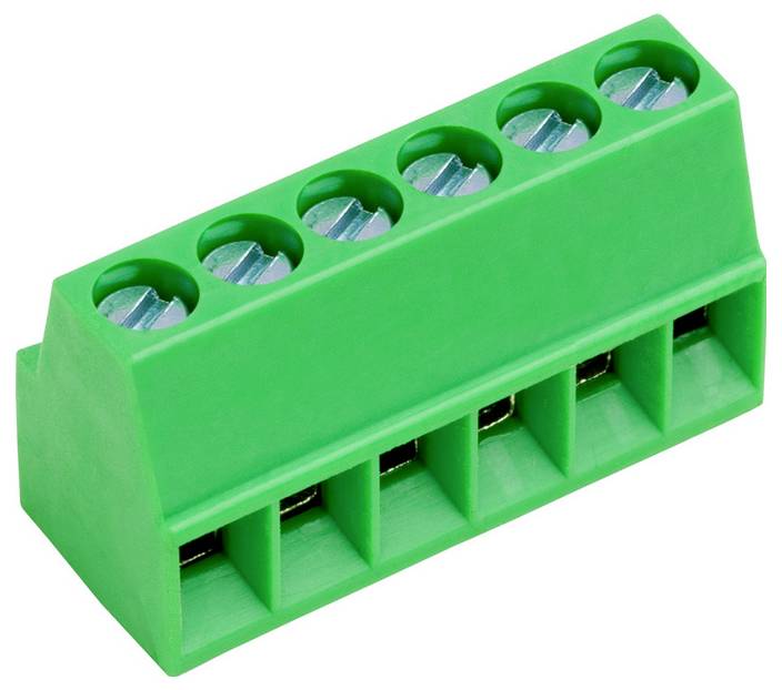 Ein grüner Elektroklemmenblock mit sechs Anschlüssen, der zum Verbinden von Elektrokabeln verwendet wird, isoliert auf weißem Hintergrund.