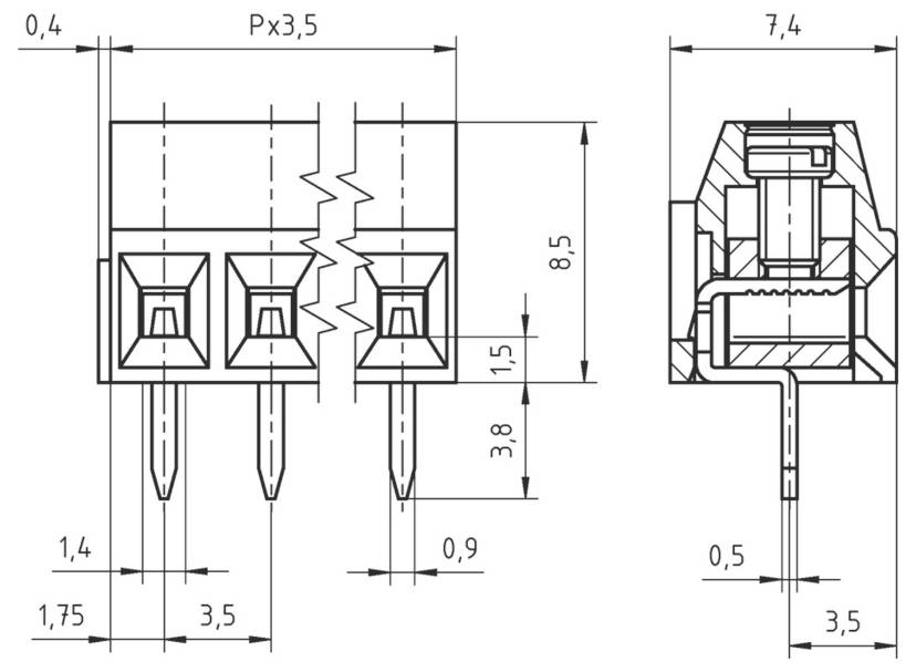 Technische Zeichnung eines elektrischen Steckers mit Abmessungen: 0,4, 1,4, 1,75, 3,5, 3,8, 7,4, 8,5 mm. Detailansichten von Stiften und Gehäuse.