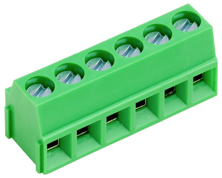 Grüner Klemmblock mit sechs Schraubklemmen. Wird für Verdrahtungsverbindungen in elektronischen Geräten verwendet.