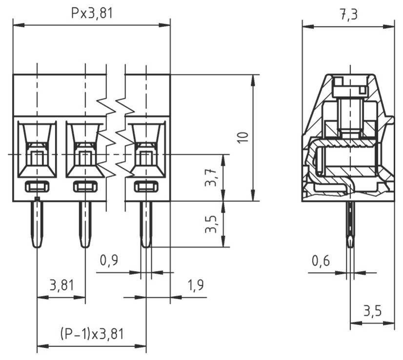 Technische Zeichnung eines dreipoligen elektrischen Steckers mit in Millimetern gekennzeichneten Abmessungen, die sowohl Vorder- als auch Seitenansichten zeigt.
