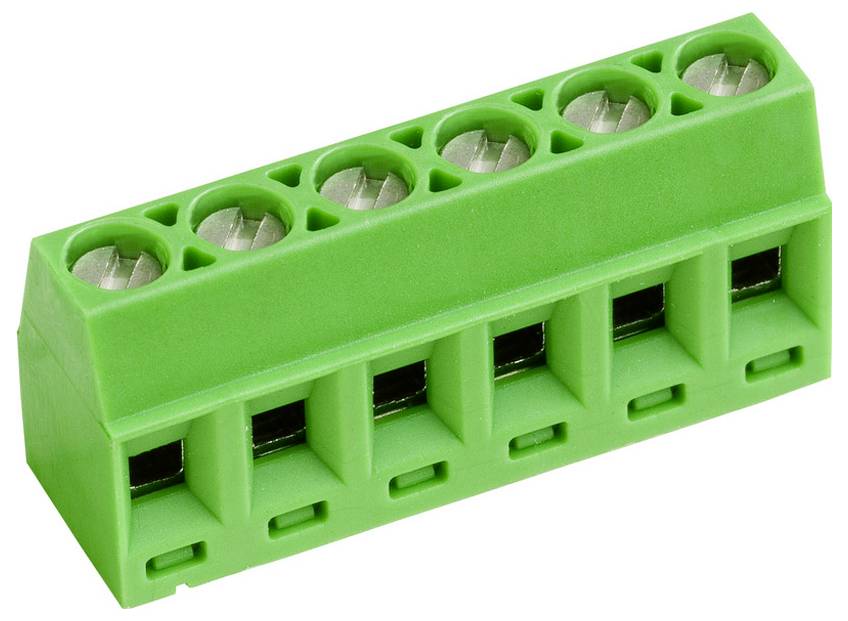 Ein sechspoliger, grüner Schraubklemmenblock-Verbinder für elektronische Schaltungen, der für sichere Drahtverbindungen verwendet wird.