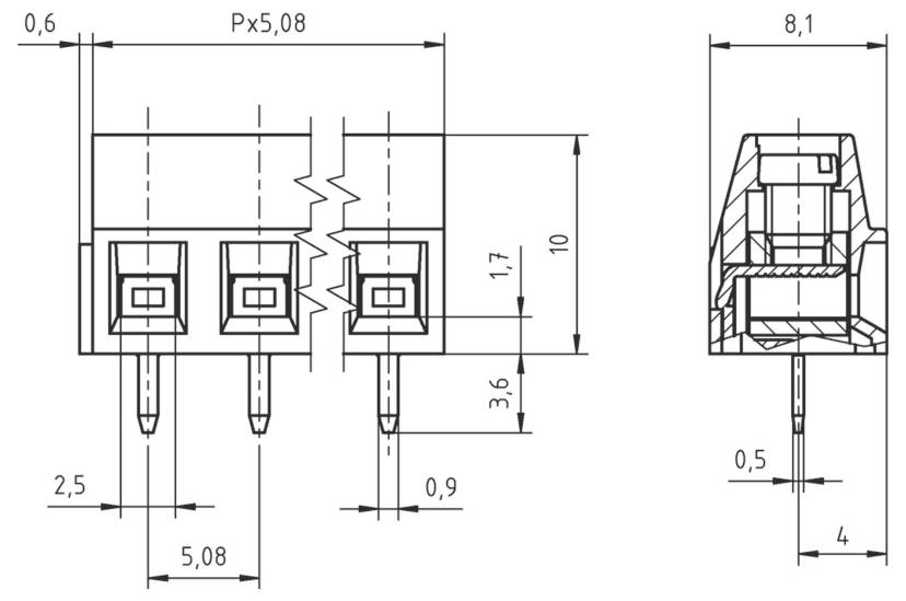 Technische Zeichnung eines elektrischen Steckers mit detaillierten Maßen, einschließlich Abmessungen von 5,08 mm zwischen den Stiften und einer Höhe von 6,4 mm.