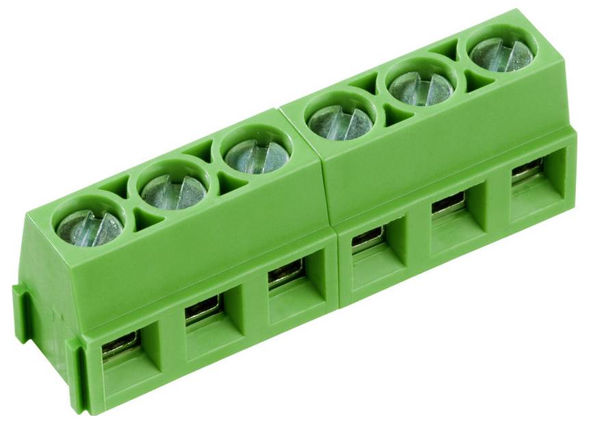 Ein grünes Schraubklemmenblock mit vier Anschlussplätzen, verwendet für die elektrische Verdrahtung.