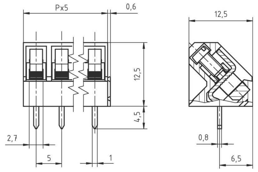 Technische Zeichnung eines dreipoligen Steckers mit den Abmessungen: 12,5 mm Höhe, 5 mm Breite für jeden Stift und 2,7 mm Abstand zwischen den Stiften.