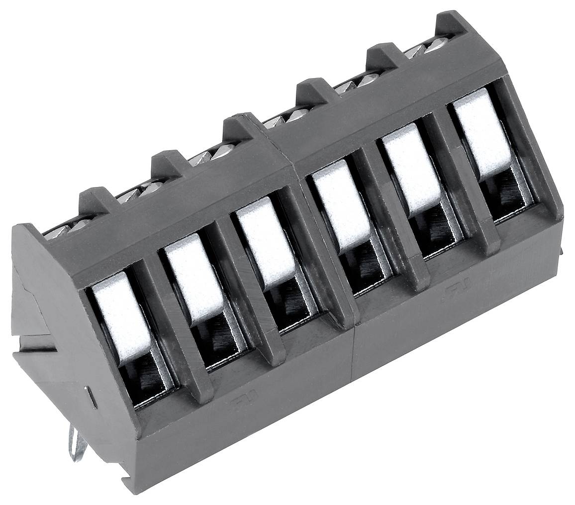 Ein schwarzer abnehmbarer Klemmblock mit sechs Schraubklemmanschlüssen zum Anschluss an einen elektrischen Stromkreis.