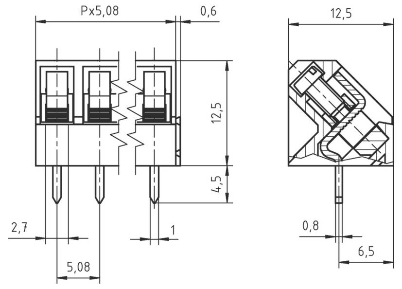 Technisches Schaltschema eines 3-Pin-Steckers mit Vorder- und Seitenansicht mit Abmessungen in Millimetern, Hervorhebung der Stiftpositionen und des Abstands.