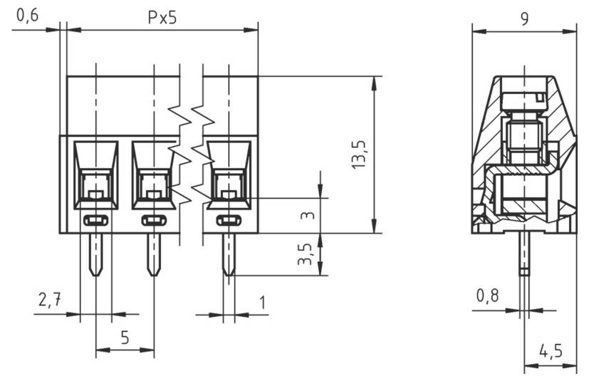 Technisches Diagramm eines Klemmleistenverbinders mit Abmessungen in Millimetern. Enthält Details zu Pinabstand und Bauteilhöhe.