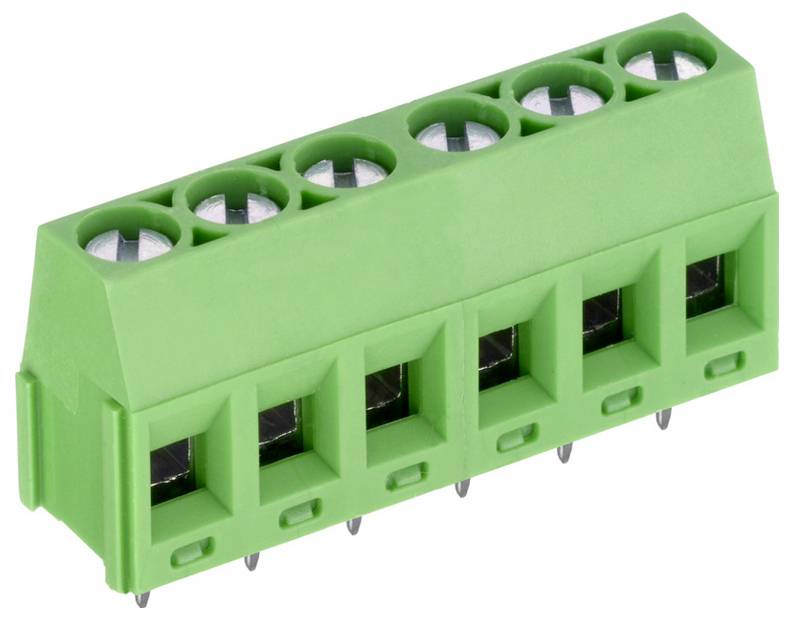 Ein grüner, abgewinkelter 5-poliger Terminalblock mit Schraubanschlüssen zum Befestigen von Drähten in elektronischen Schaltkreisen, von oben-vorne betrachtet.
