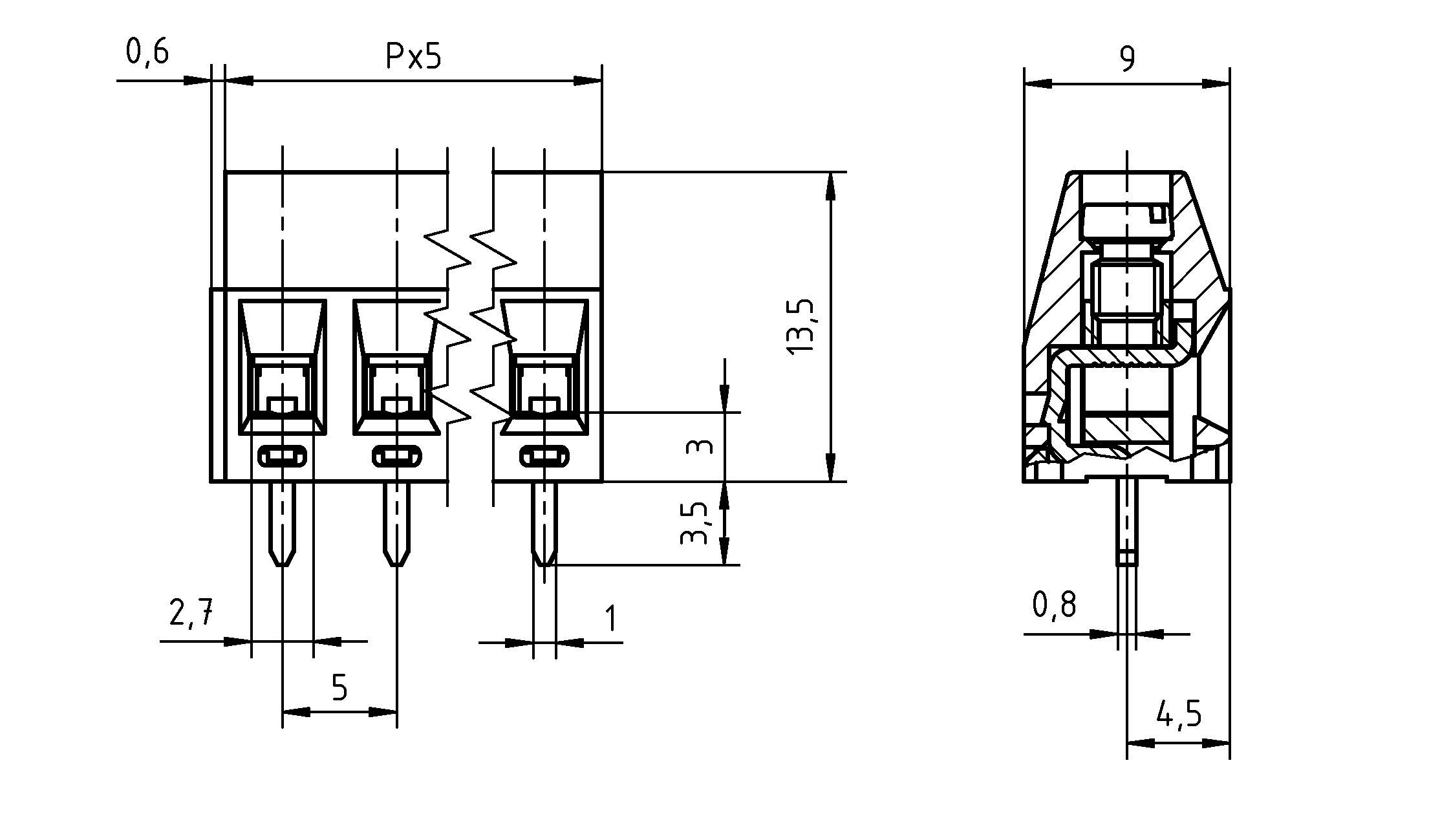 Technische Zeichnung von drei Schaltern in einer Reihe mit Abmessungen: Breite 2,5, Höhe 13,5. Seitenansicht Abmessungen: Breite 9, Höhe 13,5.