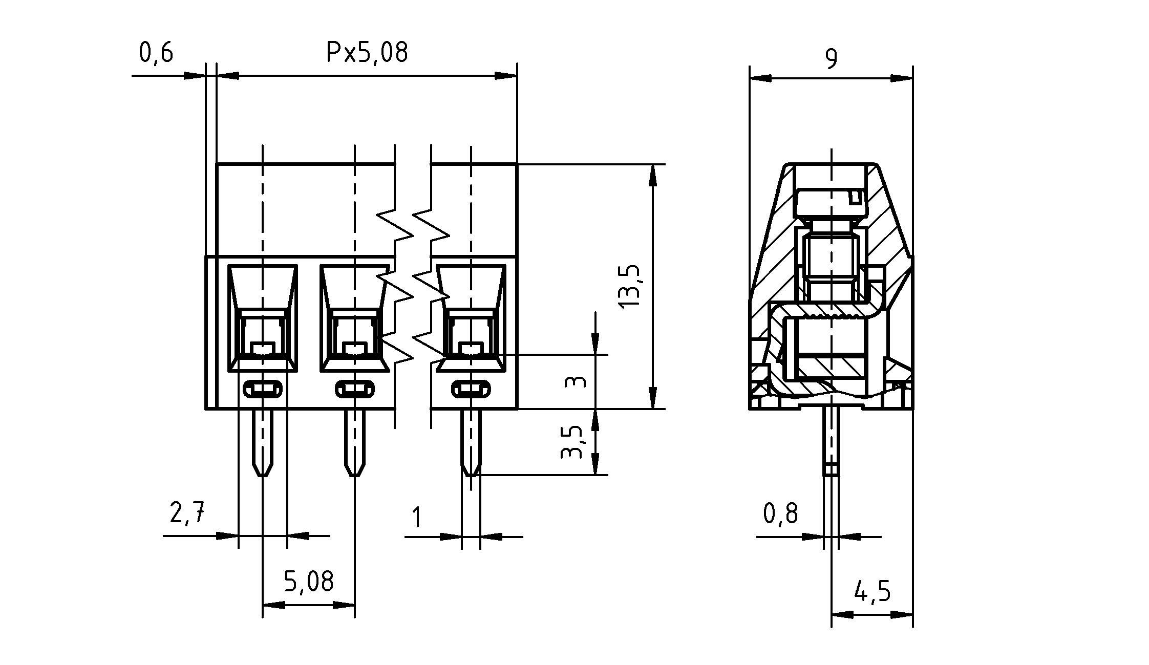 Technische Zeichnung eines 3-poligen Steckverbinders mit folgenden Abmessungen: Breite 9 mm, Höhe 13,5 mm, Pinabstand 5,08 mm.