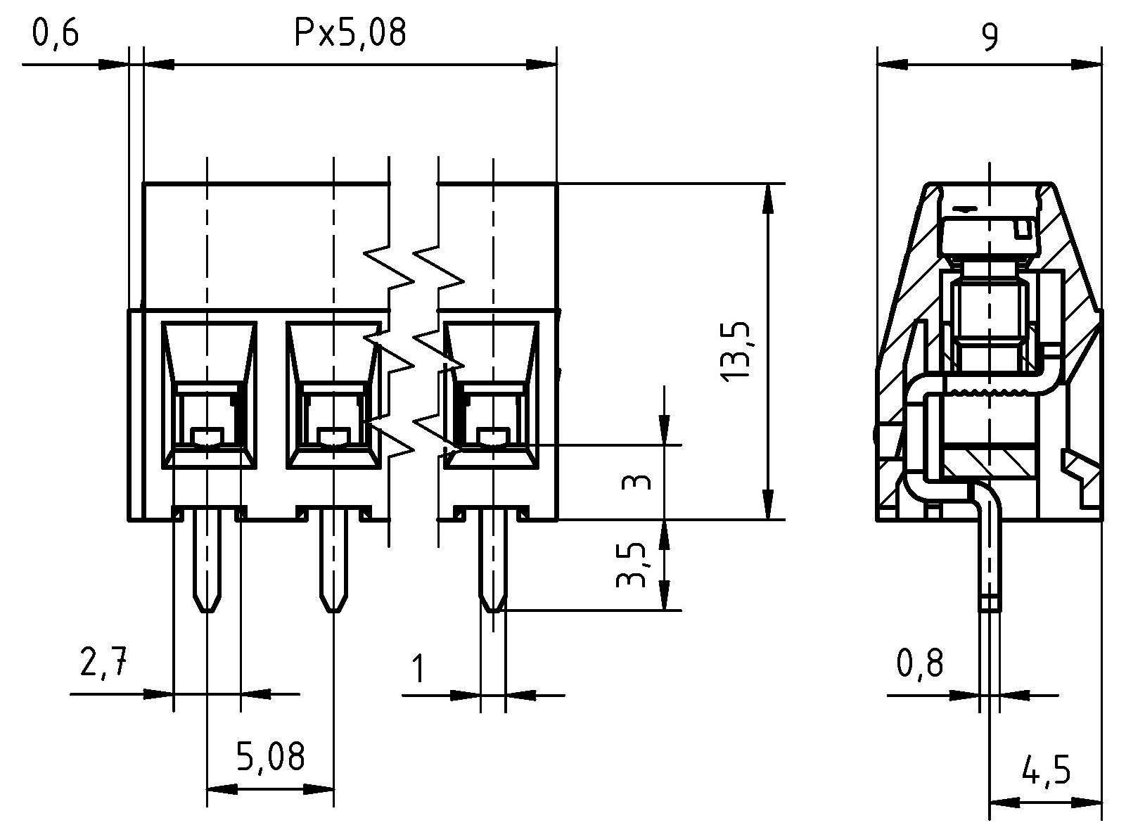 Technische Zeichnung eines elektrischen Steckers, die Vorder- und Seitenansichten mit detaillierten Maßen zeigt, einschließlich einer Höhe von 13,5 mm und einem Abstand von 5,08 mm.