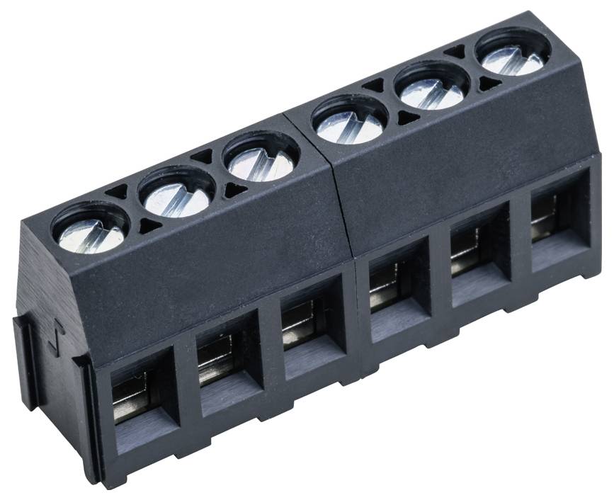 Ein schwarz-weißer Elektrischer Steckverbinder mit sechs Anschlüssen, der zum Verbinden von Drähten in elektronischen Geräten verwendet wird.