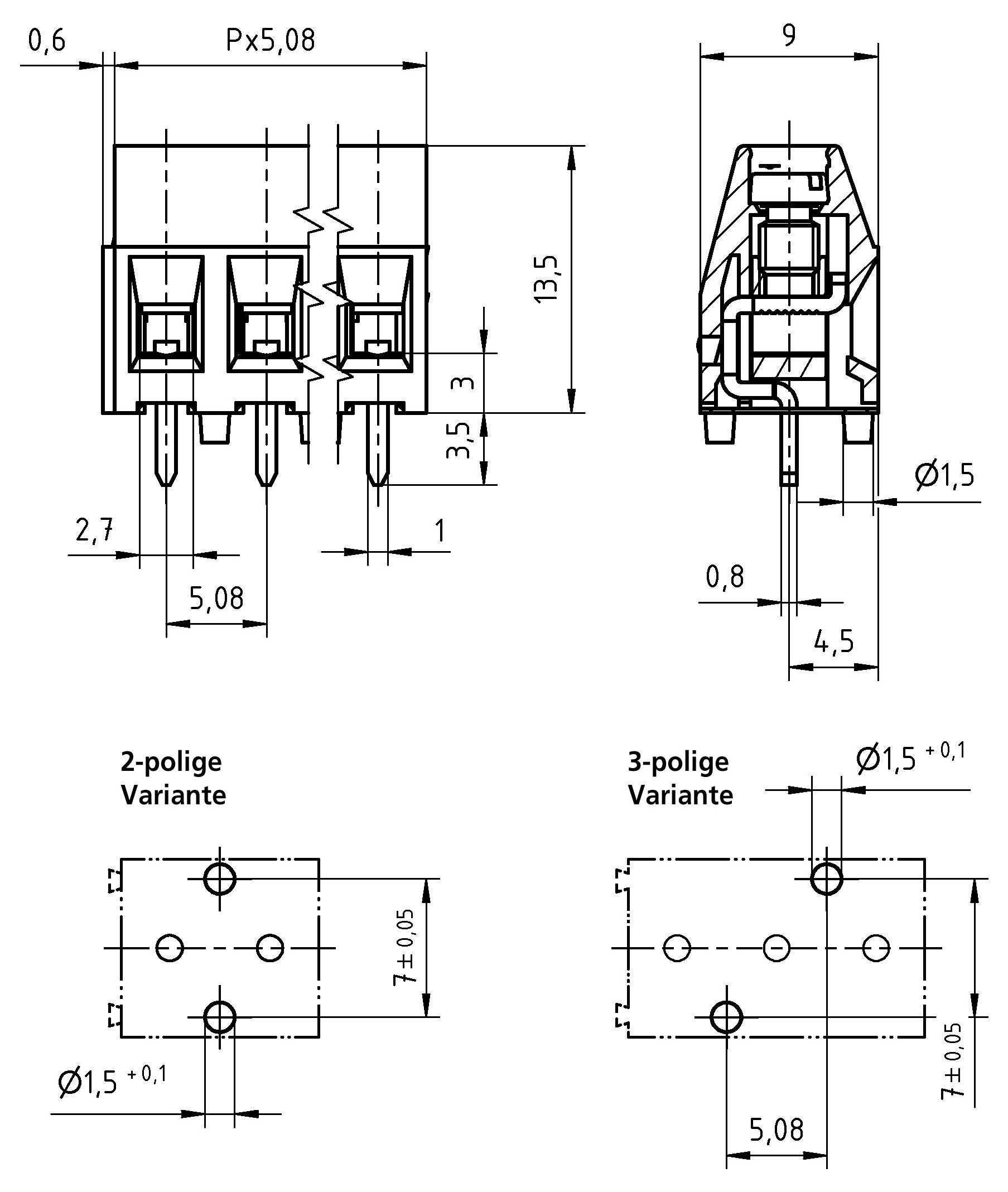 Technische Zeichnung eines 2-poligen und 3-poligen Steckers mit Abmessungen in Millimetern. Draufsicht zeigt den Abstand; Seitenansicht zeigt die Höhe/Tiefe.