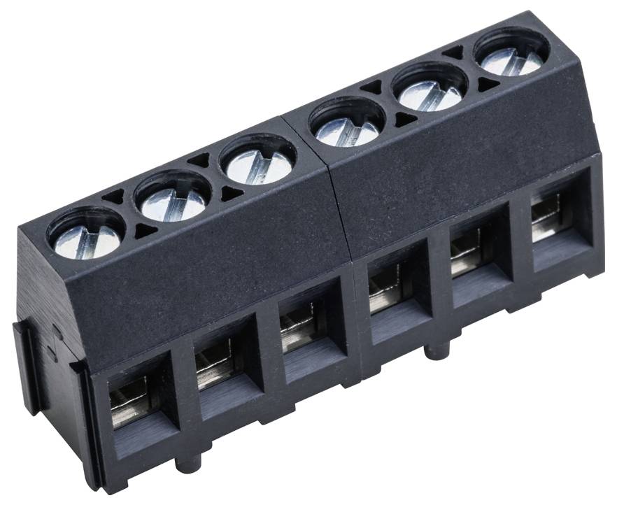 Ein fünfpoliger Schraubklemmenblock, schwarz, mit offenen Schlitzen für Drahtverbindungen.