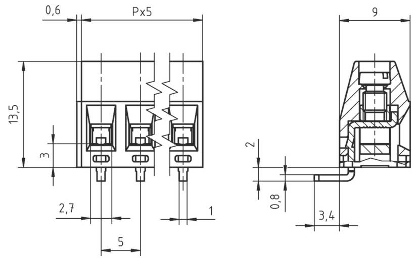 Technisches Diagramm, das die Abmessungen einer elektrischen Schalterkomponente mit Messungen in Millimetern zeigt und eine Reihe von drei Schaltern darstellt.